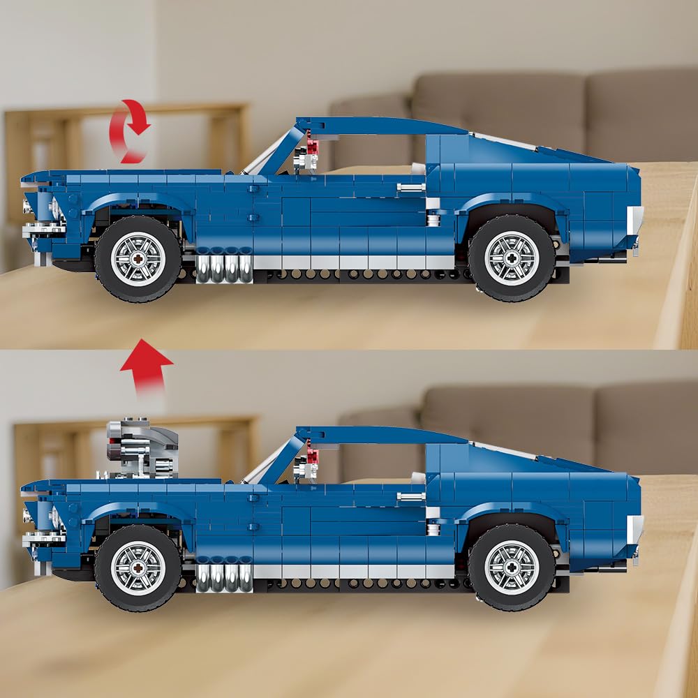 Mesiondy Classic GT Muscle Car Building Kit – 1680 PCS Premium Brick System | Vintage American Sport Coupe | Supercharged Engine Detail
