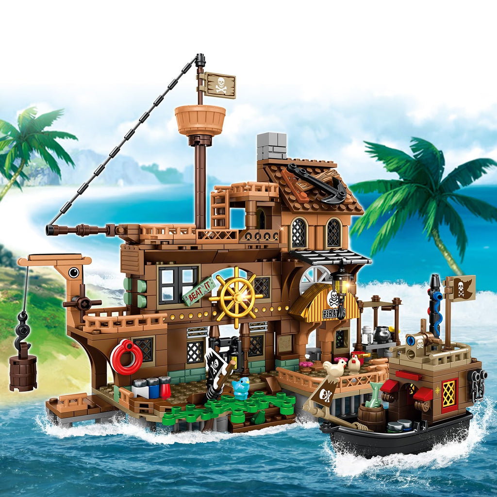 Mesiondy Pirate Island Pier Building Set 🏴‍☠️ – 573 PCS, 21.6" Long Pirate Dock & Boat Toy 🚢, Compatible with Major Brick Brands 🧩