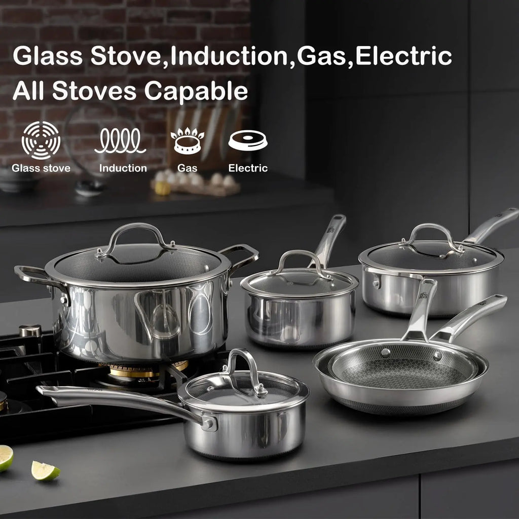 SNOWCLAD 10-Piece Non-Stick Hybrid Stainless Steel Cookware Set