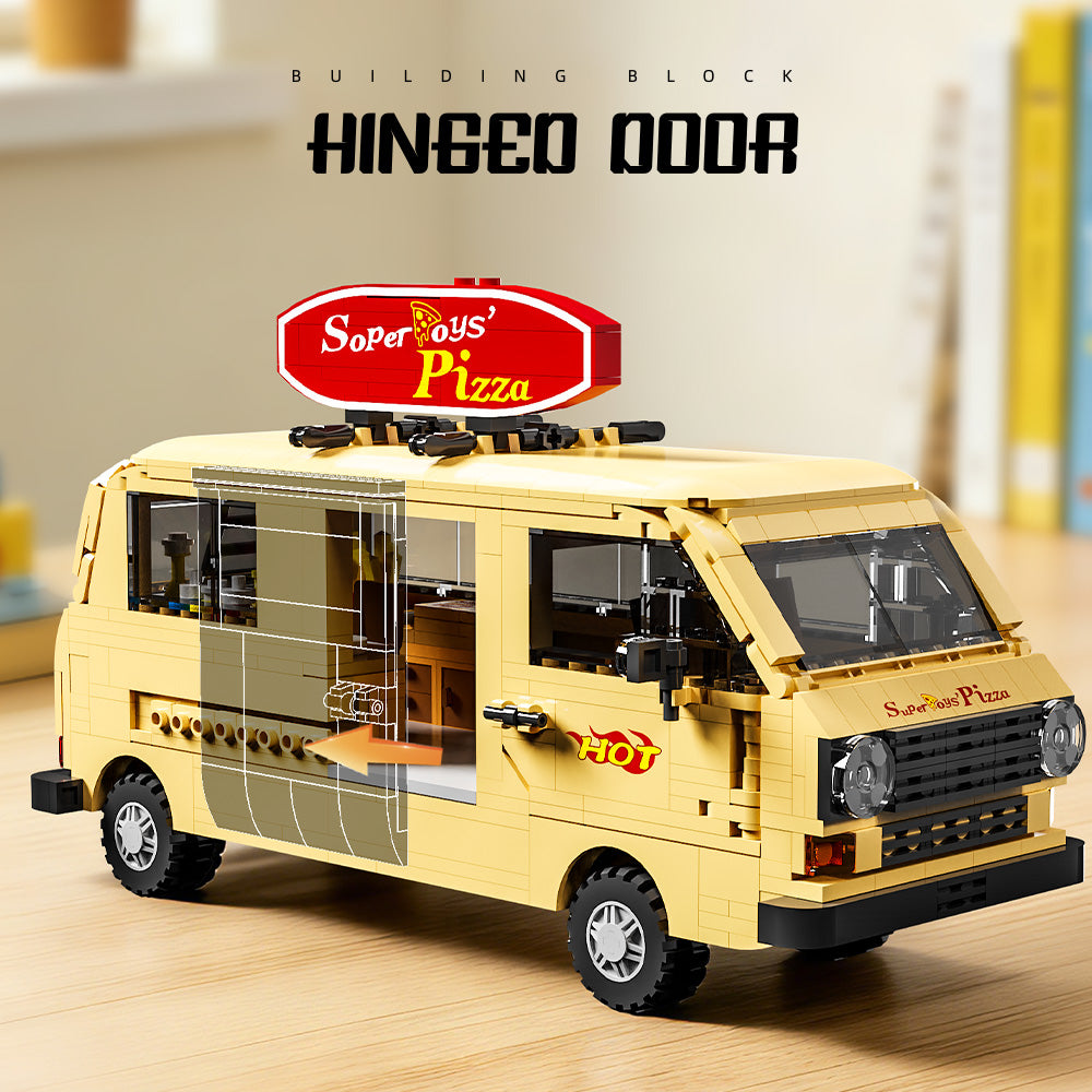 Mesiondy Retro Pizza Delivery Van Building Kit – 634 PCS Premium Brick System | 80s Food Truck Model | Removable Rooftop Sign & Interior Kitchen Detail