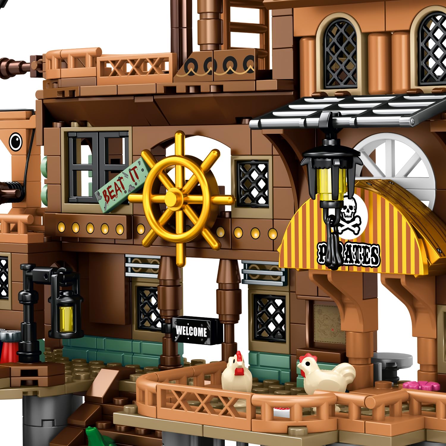 Mesiondy Pirate Island Pier Building Set 🏴‍☠️ – 573 PCS, 21.6" Long Pirate Dock & Boat Toy 🚢, Compatible with Major Brick Brands 🧩