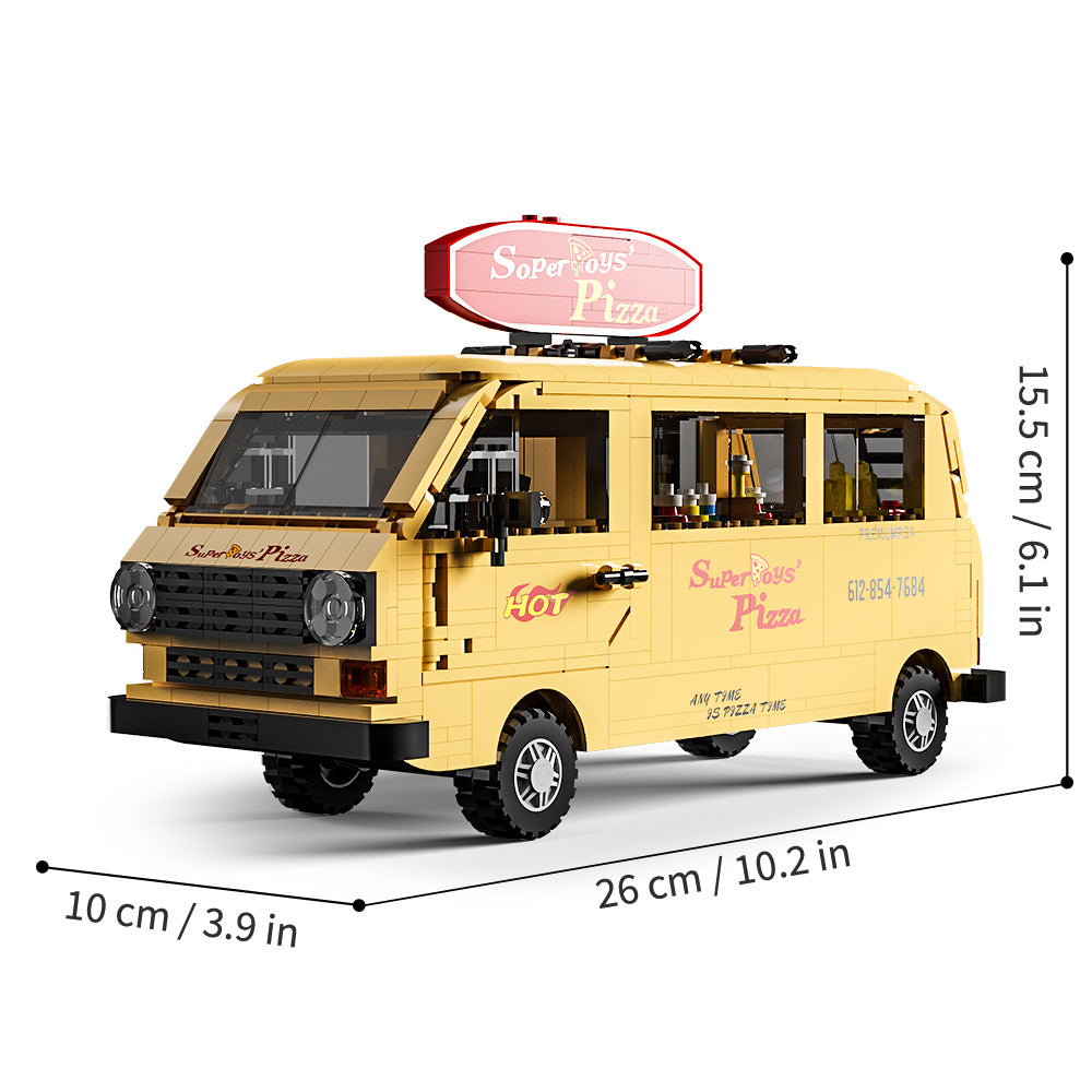 Mesiondy Retro Pizza Delivery Van Building Kit – 634 PCS Premium Brick System | 80s Food Truck Model | Removable Rooftop Sign & Interior Kitchen Detail