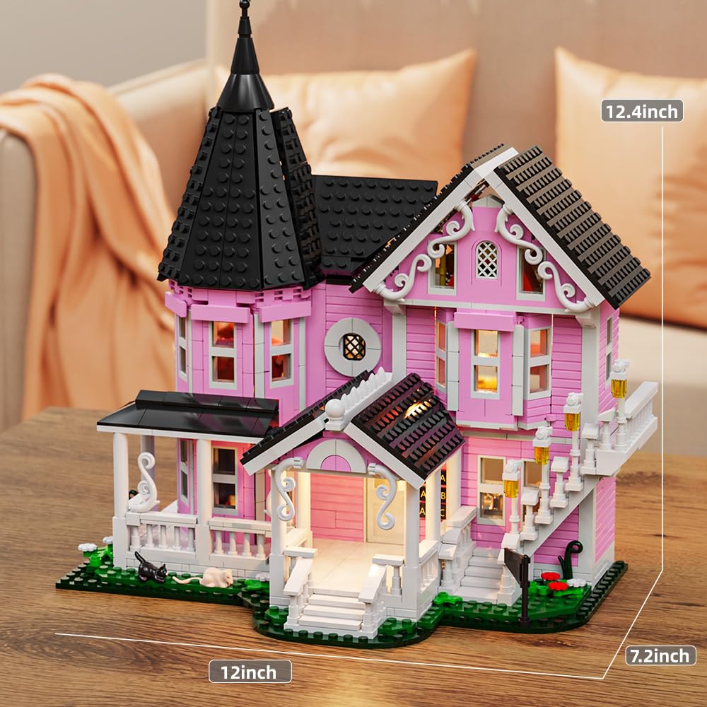 Mesiondy Enchanted Pink Victorian Manor Building Kit – 1349 PCS Premium Brick System | LED Light-Up Gothic Dollhouse | Halloween Display Collectible