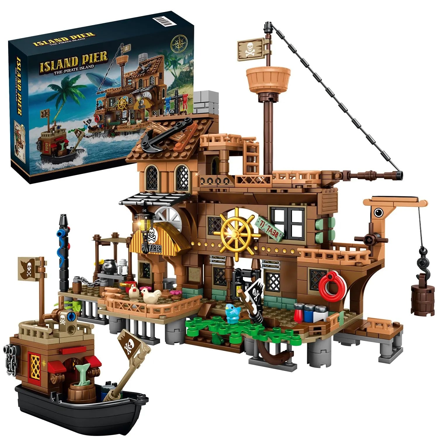 Mesiondy Pirate Island Pier Building Set 🏴‍☠️ – 573 PCS, 21.6" Long Pirate Dock & Boat Toy 🚢, Compatible with Major Brick Brands 🧩